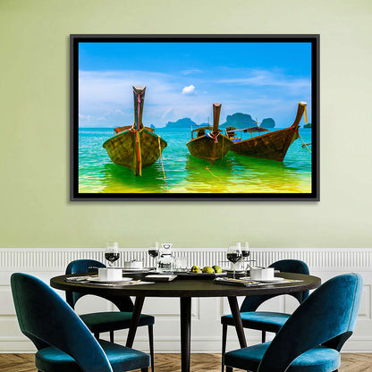 Three Long-tail Boats on Turquoise Water Wall Art