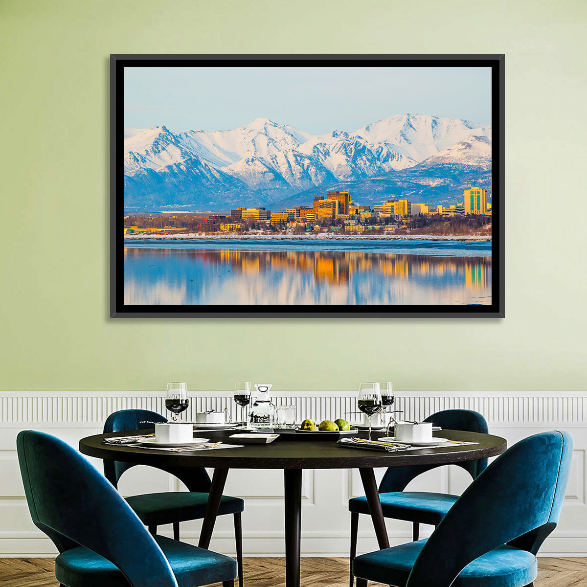 Anchorage Morning Skyline Wall Art in a room, landscape