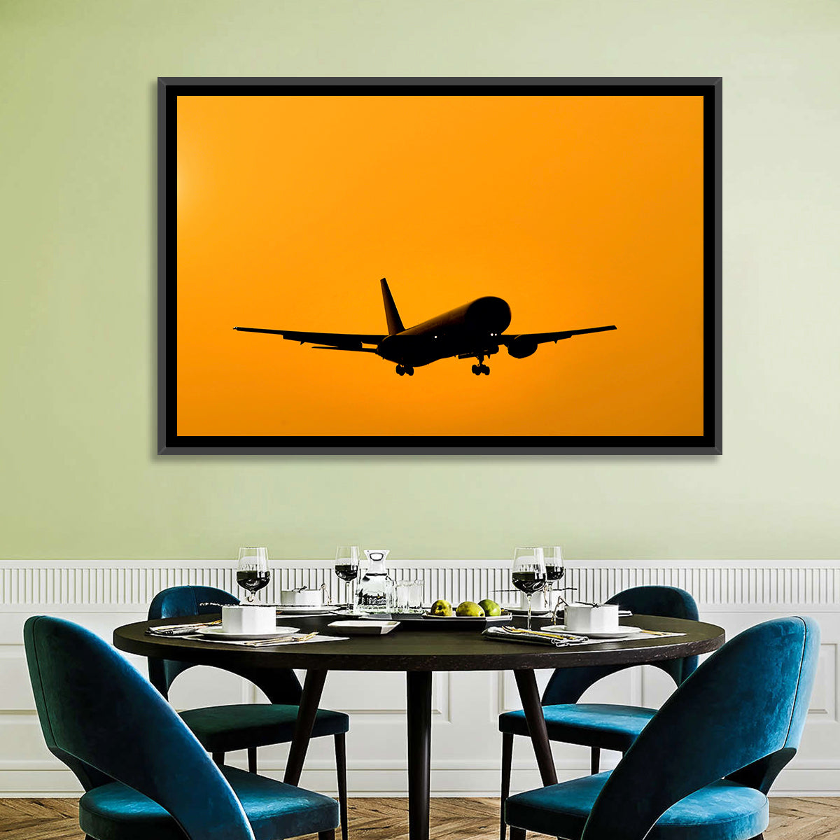 Golden Hour Airliner Silhouette Wall Art in a room, landscape