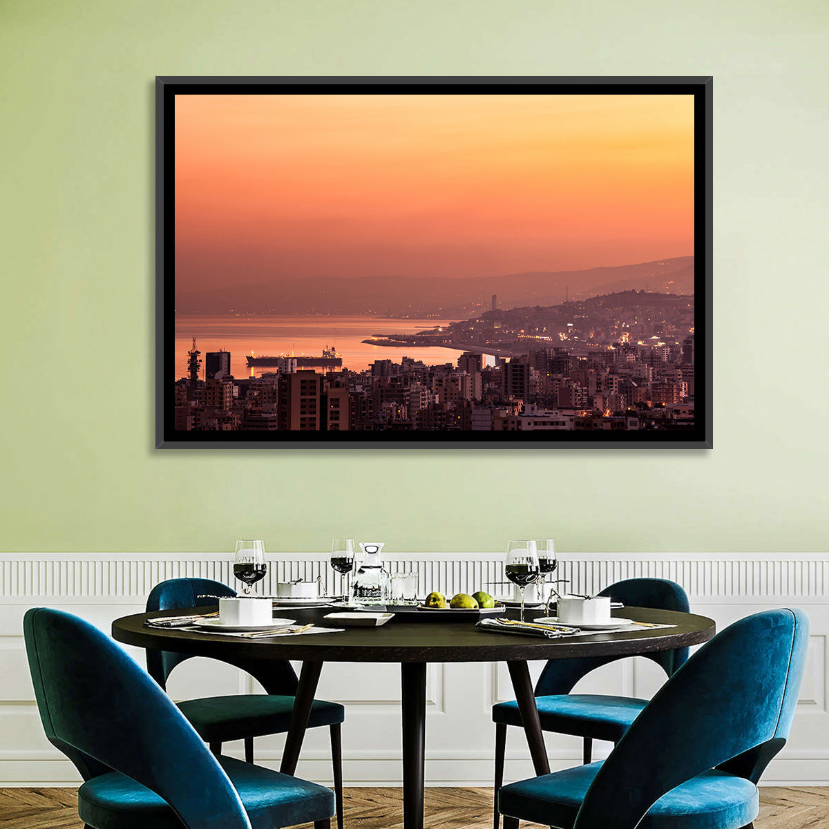 Beirut Sunset Skyline Wall Art in a room, landscape