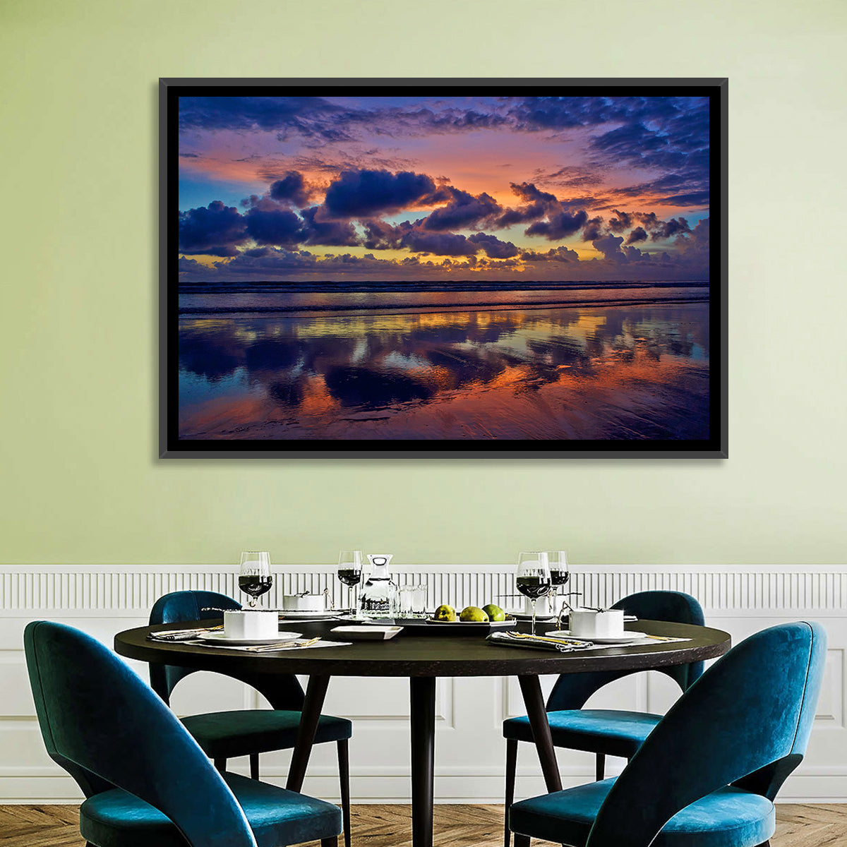 Dusk Beach Reflections Wall Art in a room, landscape