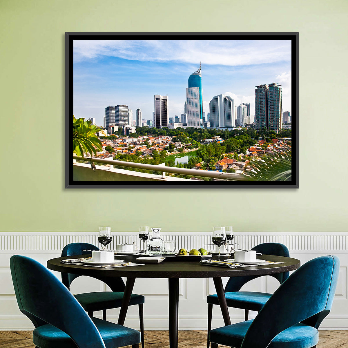 Jakarta Skyline with Wisma 46 Wall Art in a room, landscape