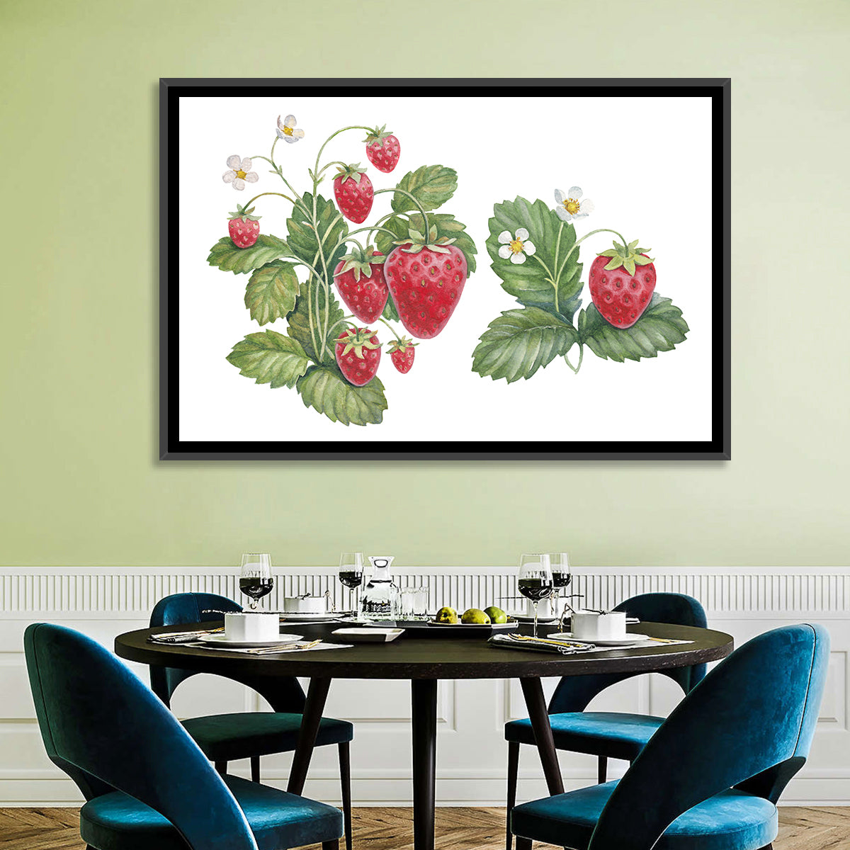 Fresh Strawberry Botanical Illustration Wall Art in a room, landscape