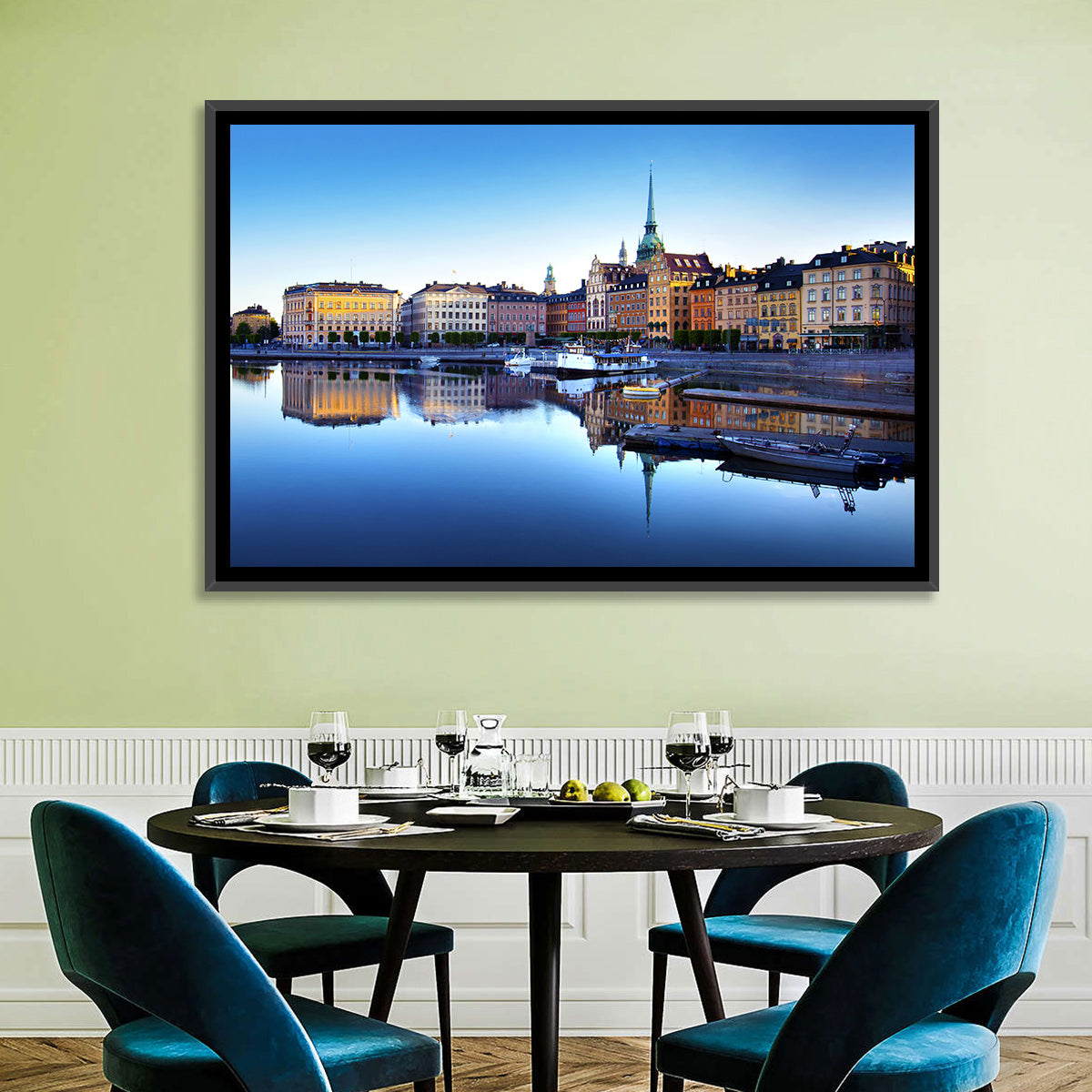 Gamla Stan Stockholm Skyline Wall Art in a room, landscape