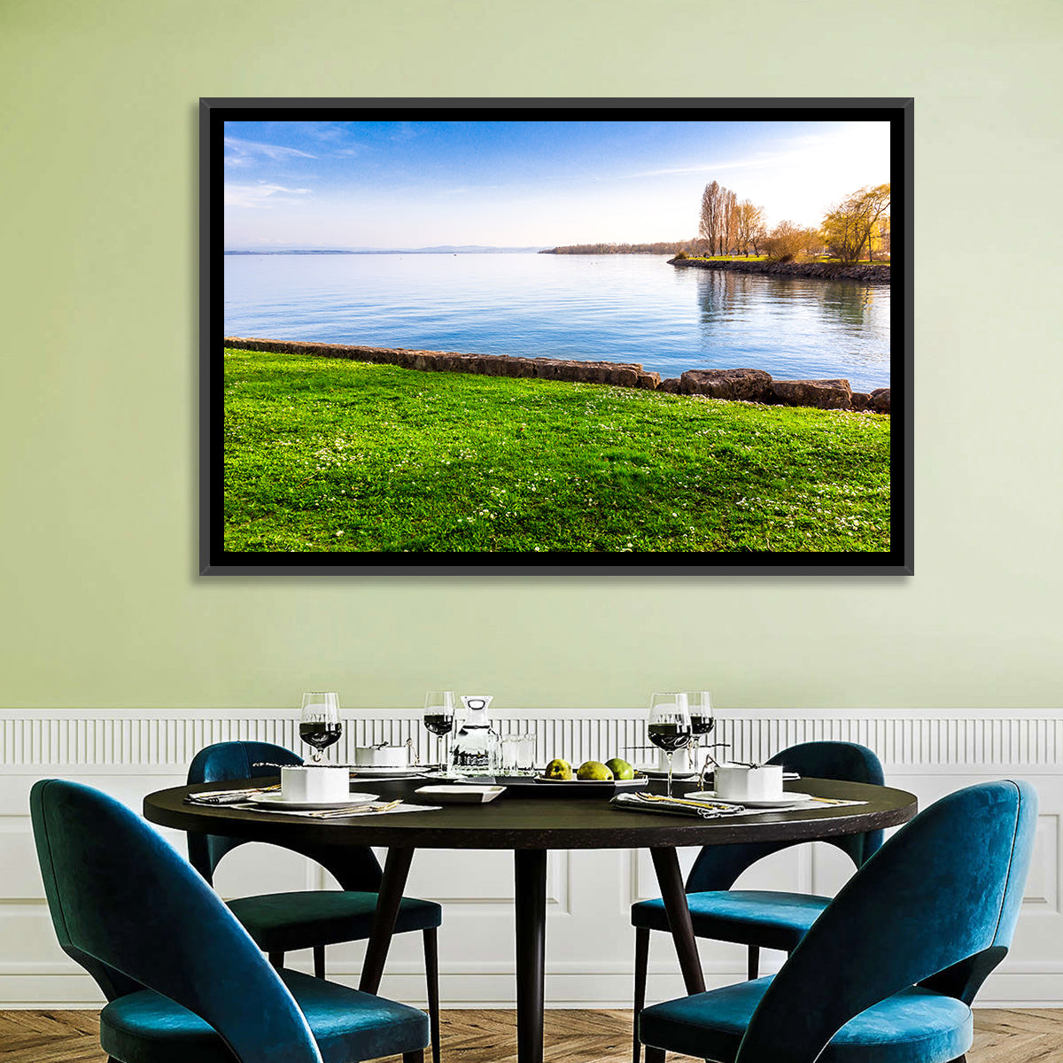 Lake Neuchatel Meadow Wall Art in a room, landscape