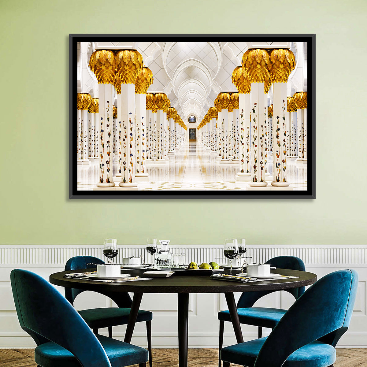 Sheikh Zayed Grand Mosque Colonnade Wall Art in a room, landscape