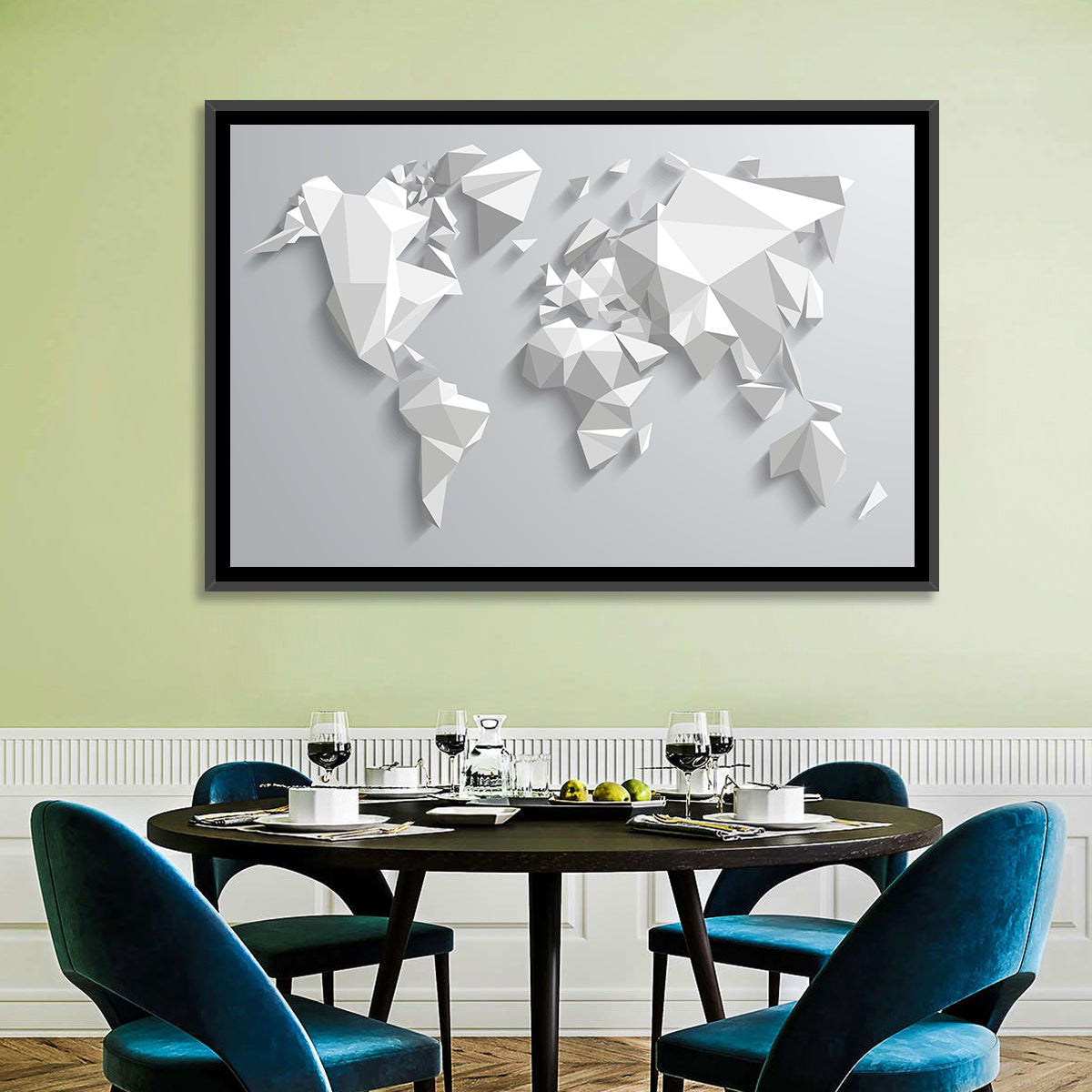 Faceted Triangular World Map Wall Art in a room, landscape