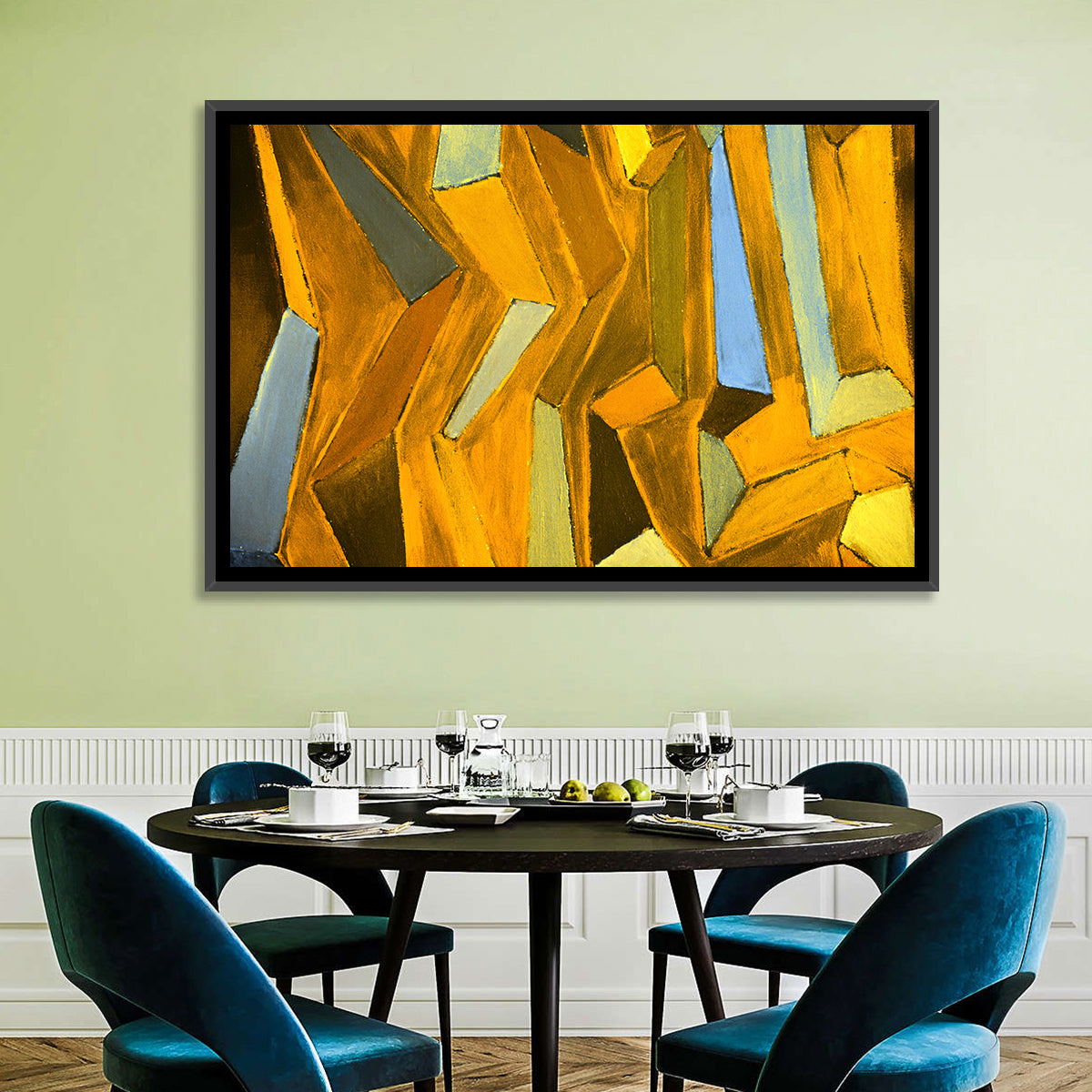 Golden Blocks Abstract Wall Art in a room, landscape