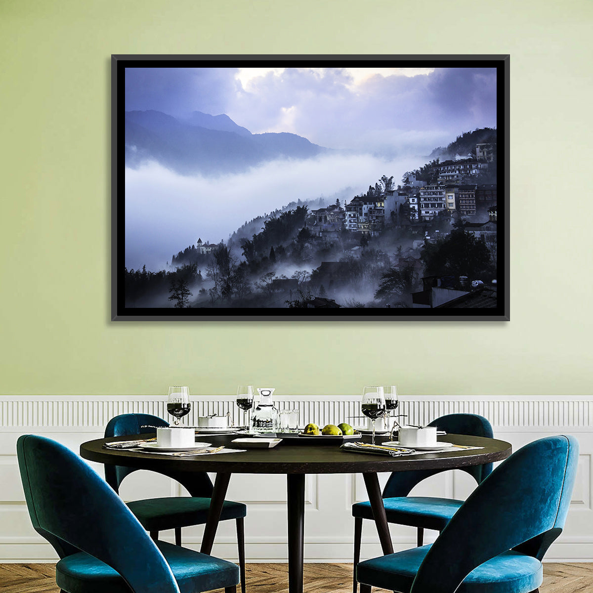 Misty Hillside Town Wall Art