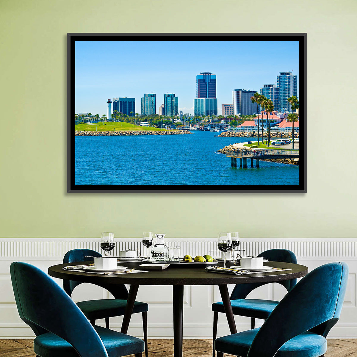 Long Beach Rainbow Harbor Skyline Wall Art in a room, landscape