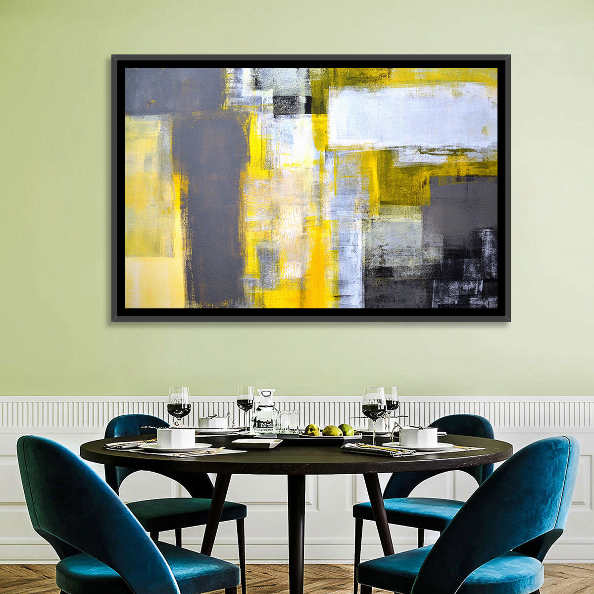 Yellow and Gray Color Block Abstract Wall Art in a room, landscape