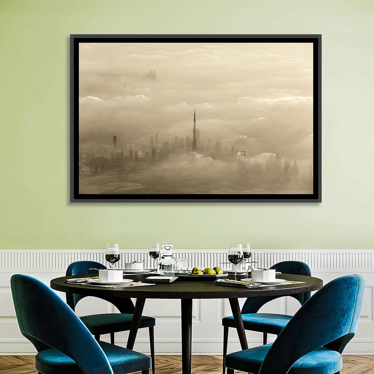 Dubai Haze Over Burj Khalifa Wall Art in a room, landscape