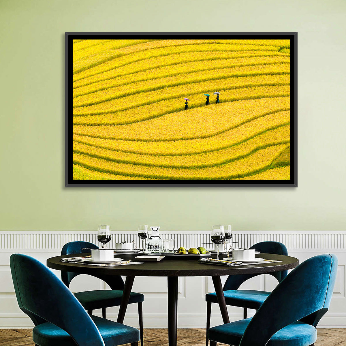 Golden Rice Terraces with Umbrellas Wall Art in a room, landscape