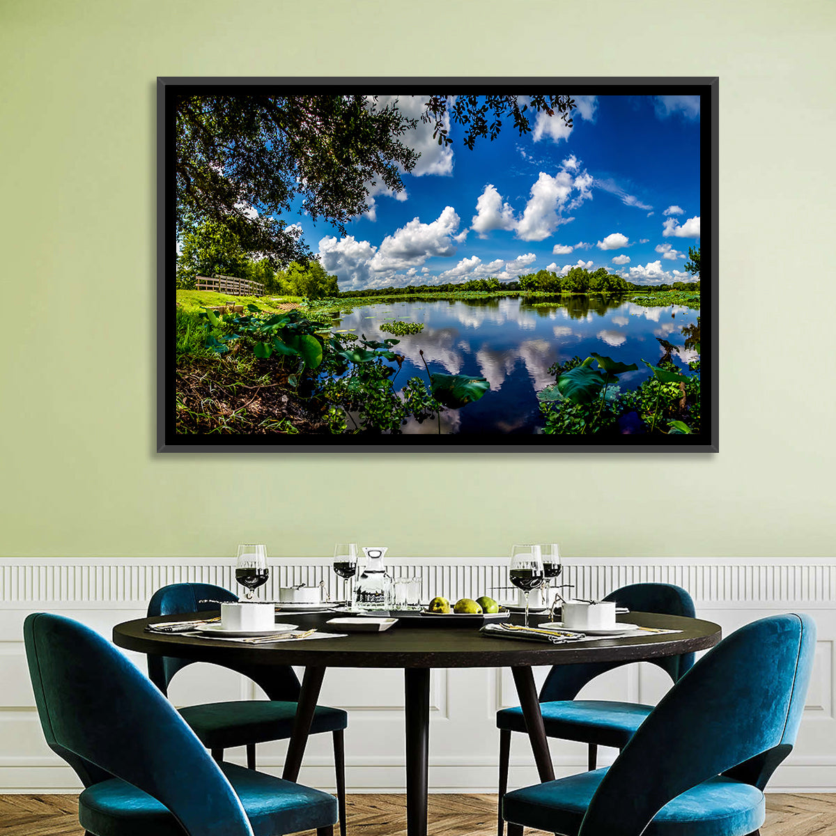 Brazos Bend Lake Reflection Wall Art in a room, landscape