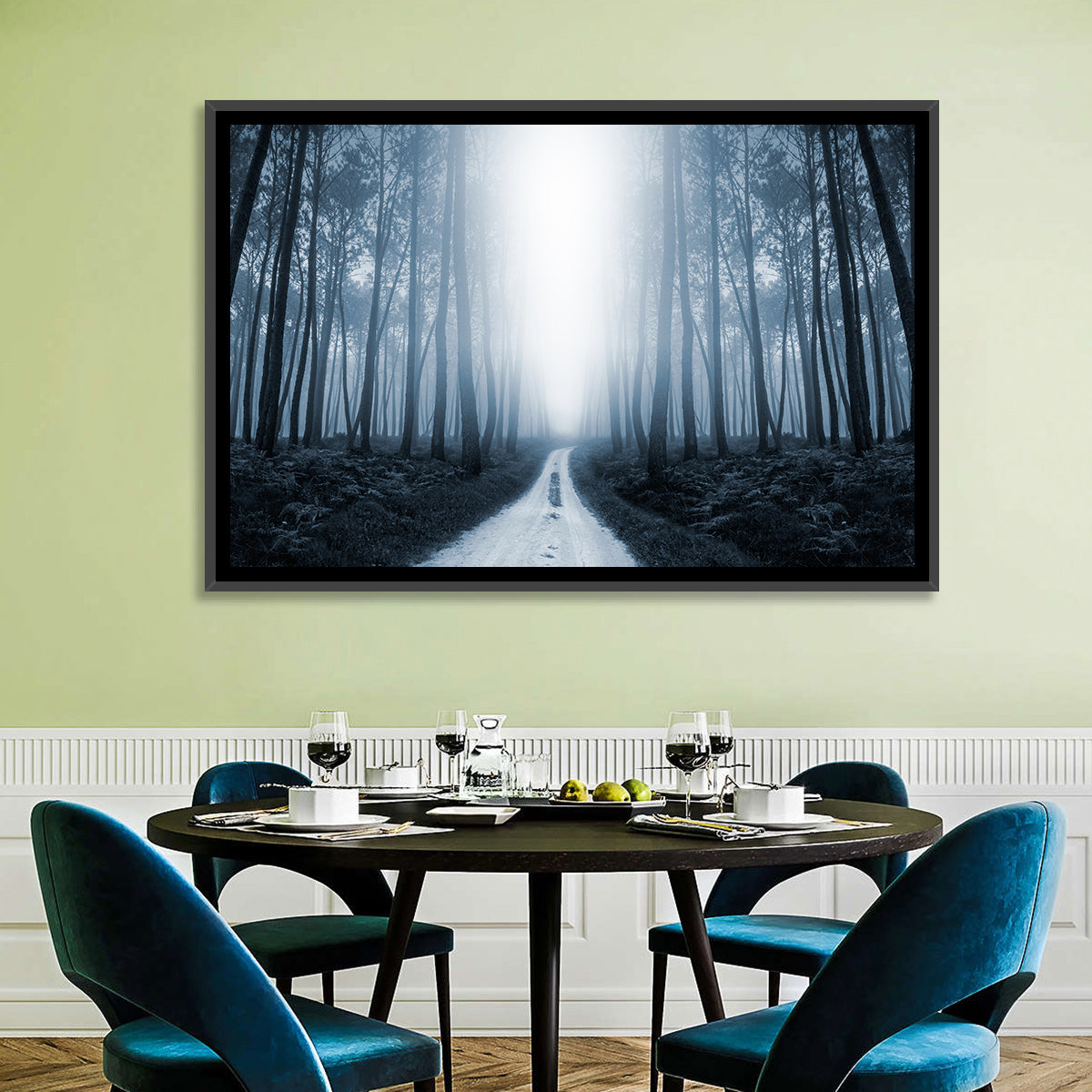 Misty Forest Road at Twilight Wall Art in a room, landscape