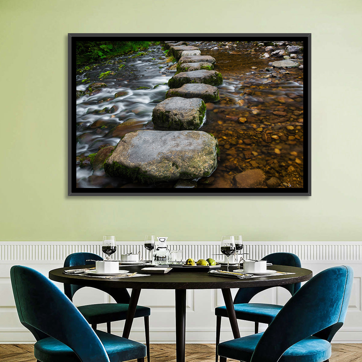 Mossy Stepping Stones Over Stream Wall Art in a room, landscape