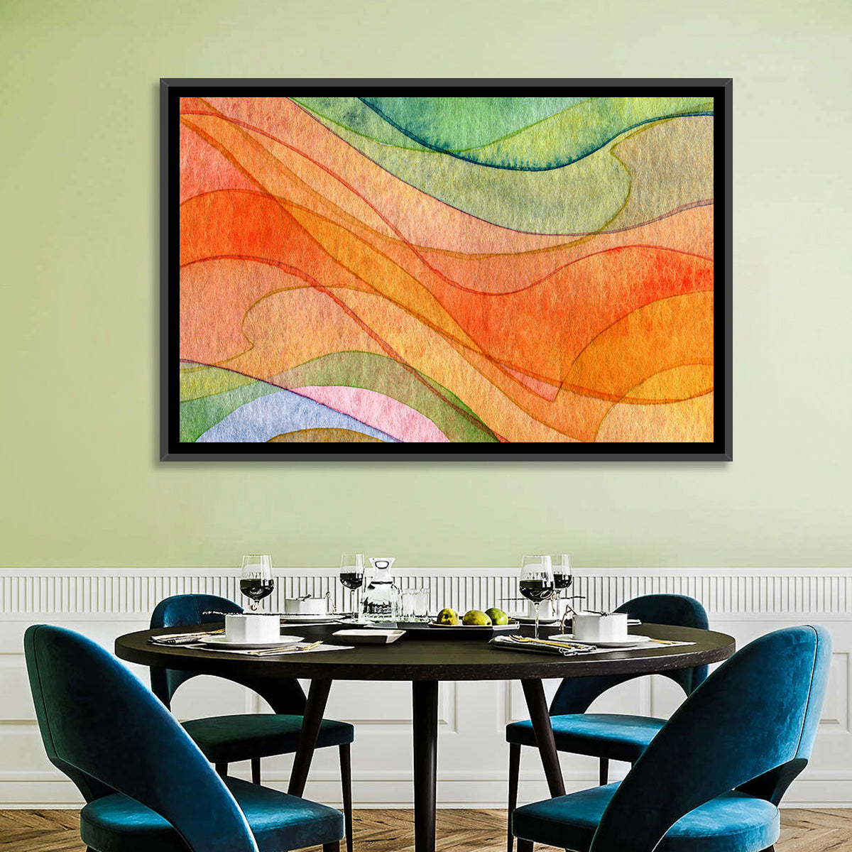Flying Waves Abstract Wall Art in a room, landscape