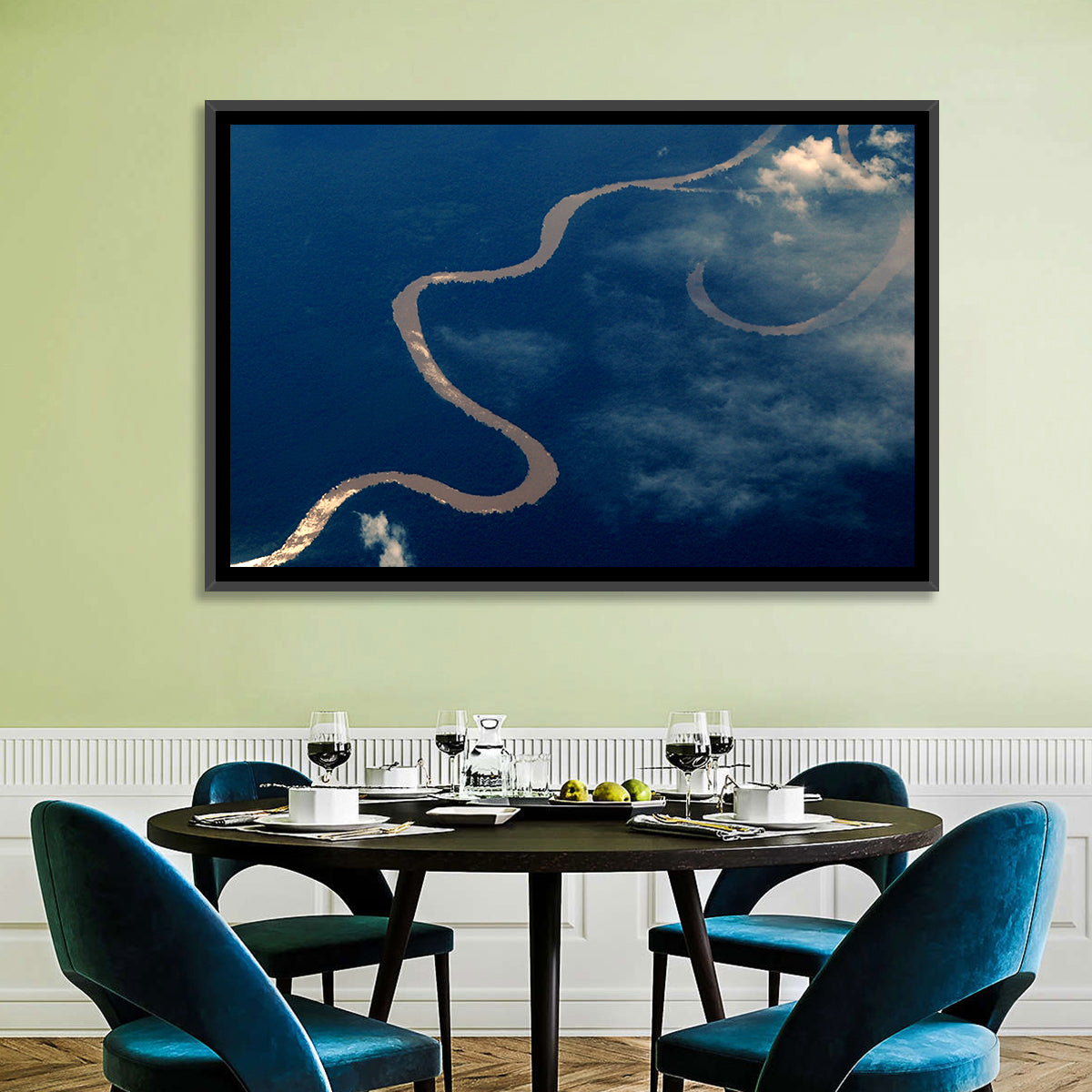 Sunlit Meander of the Amazon River Wall Art in a room, landscape
