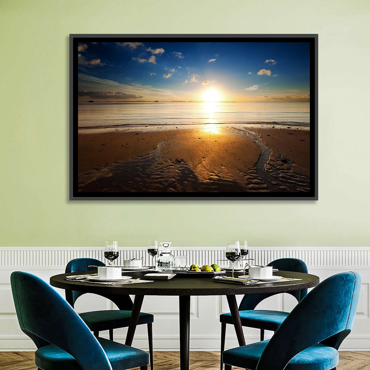 Sunrise Over Rippling Sand Wall Art in a room, landscape