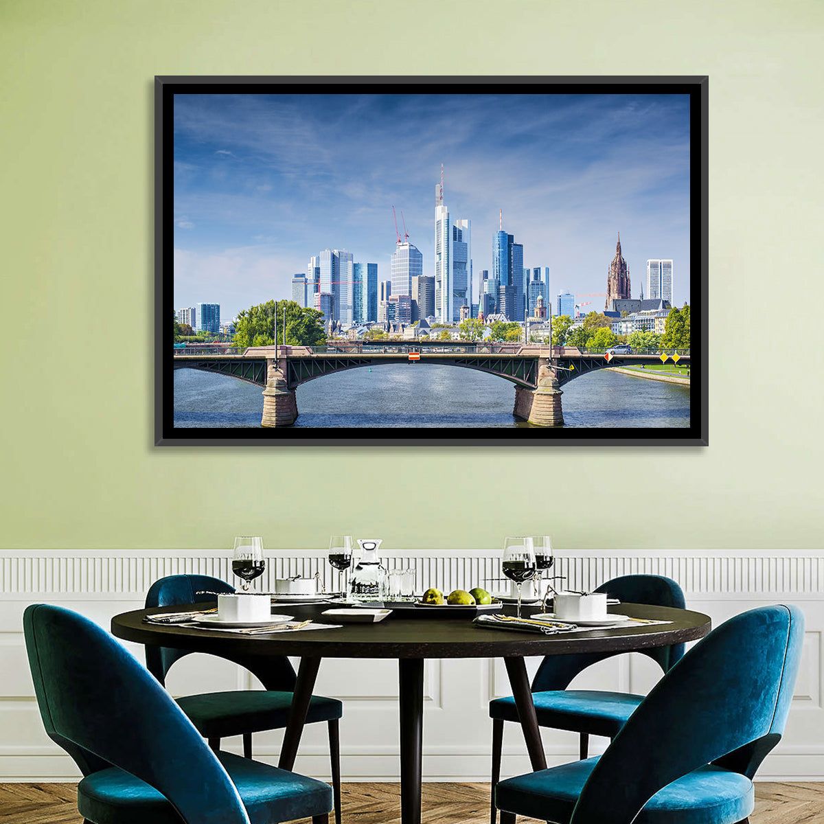 Frankfurt Skyline with Eiserner Steg Wall Art in a room, landscape