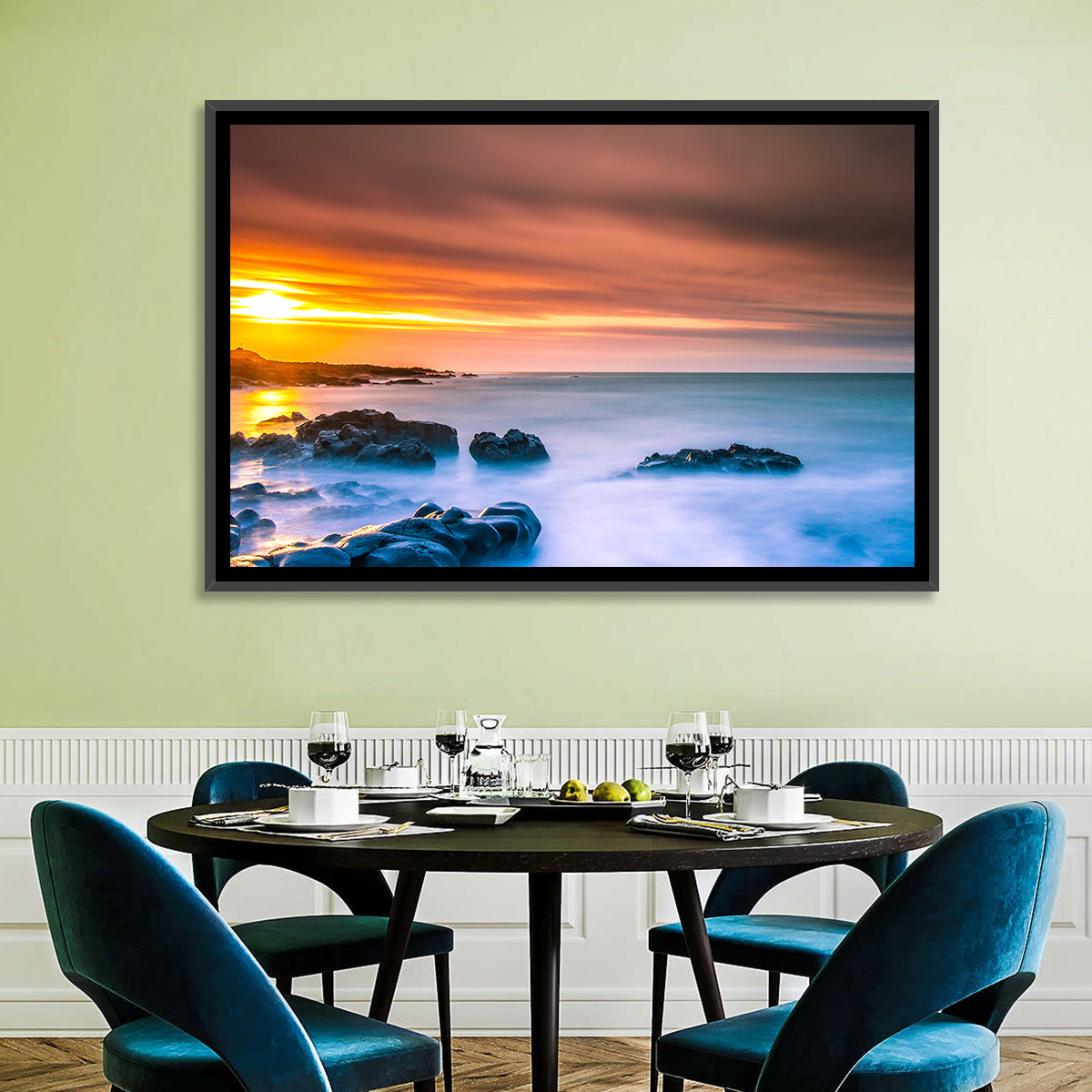 Reykjanes Golden Hour Beach Wall Art in a room, landscape