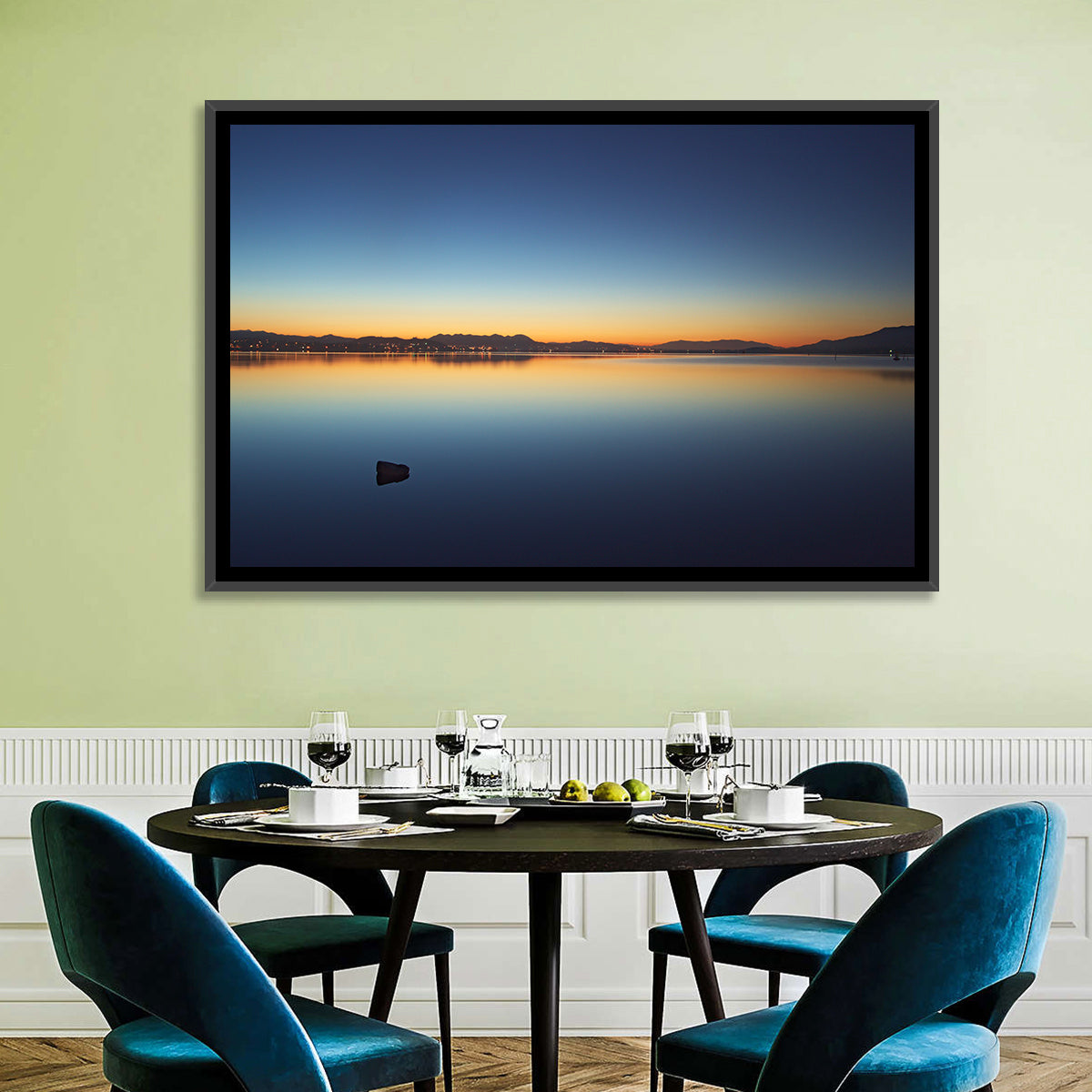 Lake Elsinore Sunset Wall Art in a room, landscape