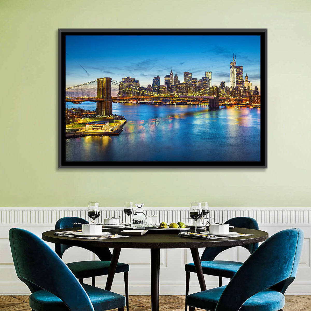 Brooklyn Bridge with Jane's Carousel Wall Art in a room, landscape
