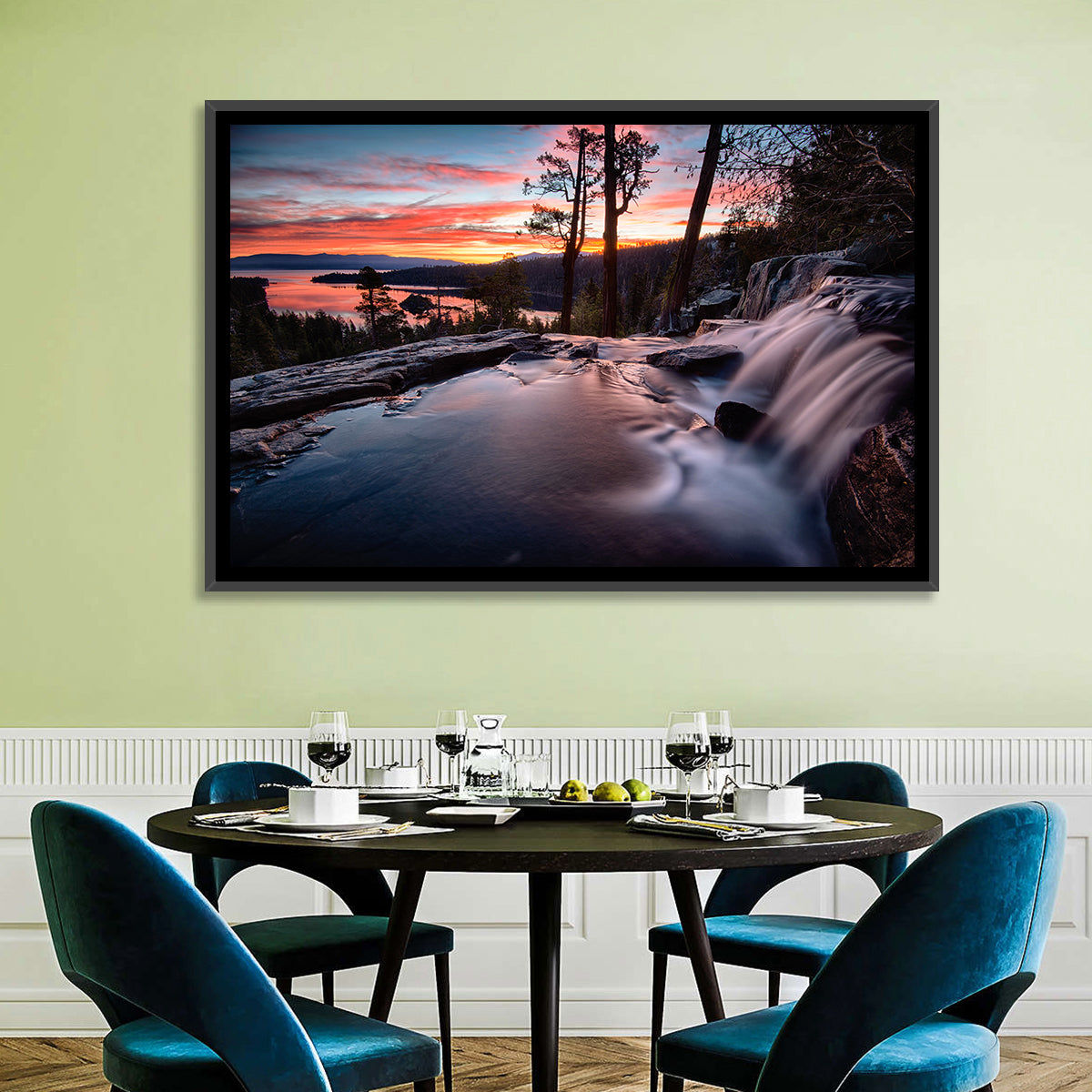 Waterfall Near Lake Tahoe Wall Art in a room, landscape