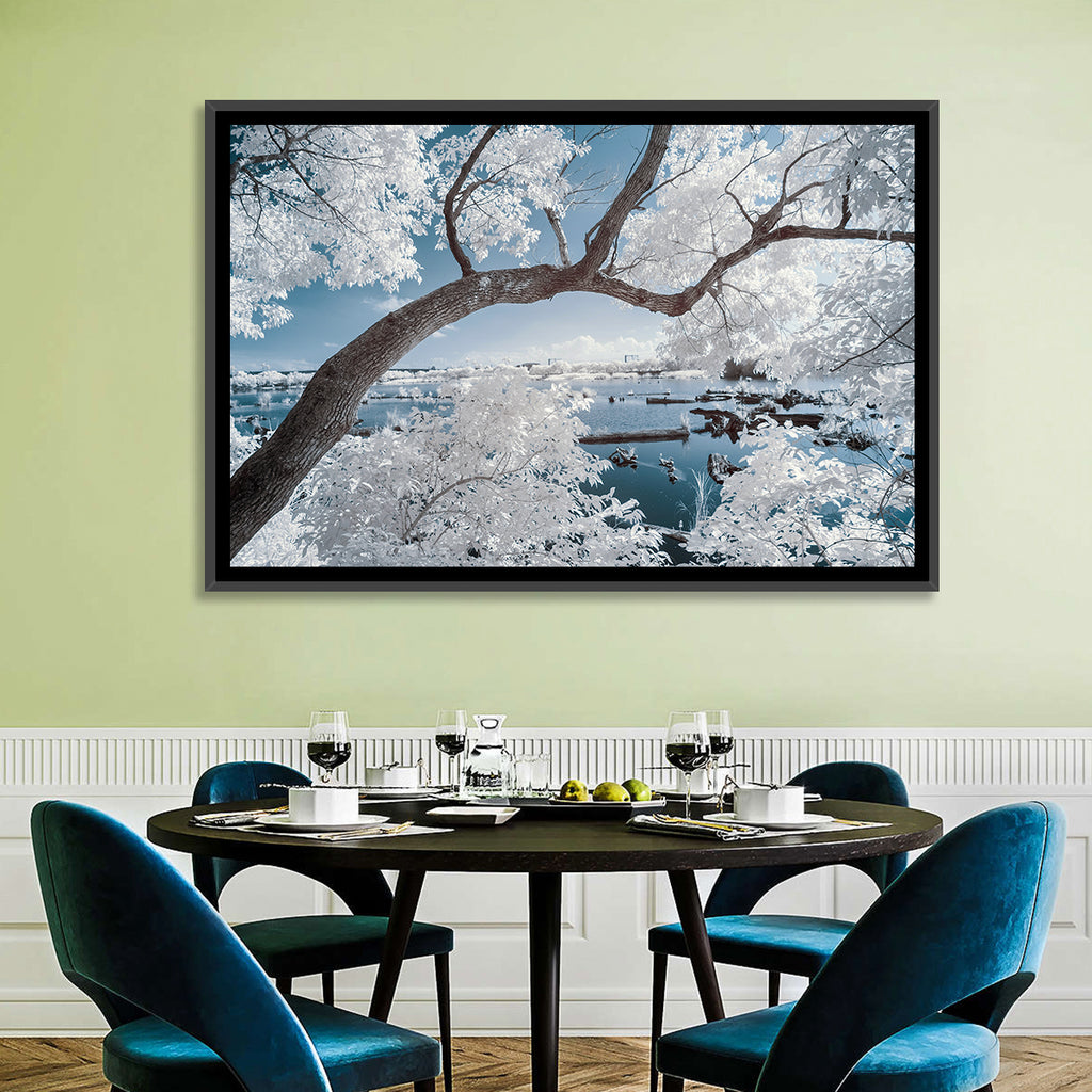 Curving Winter Tree Over Lake Wall Art