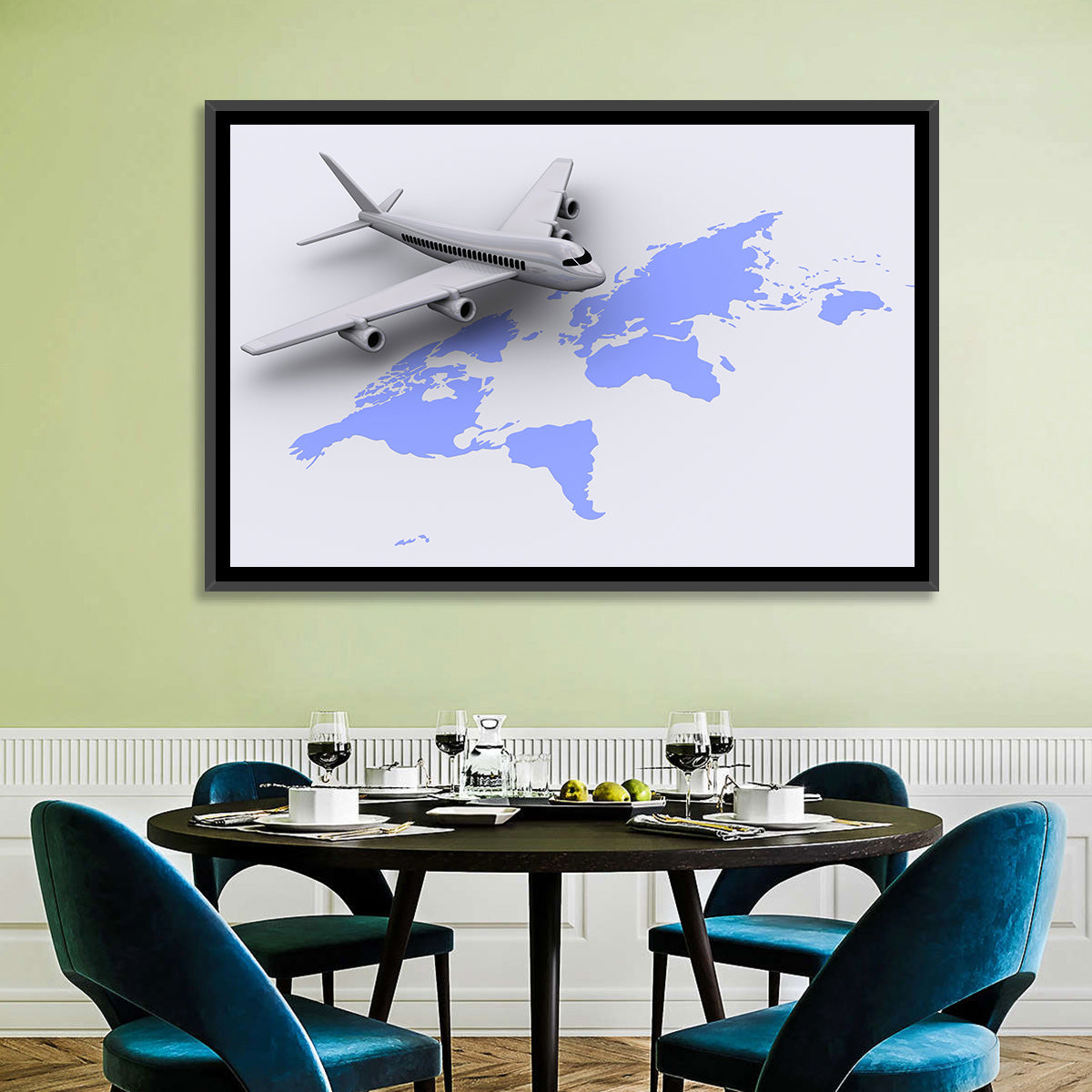 Airplane Over World Map Wall Art in a room, landscape