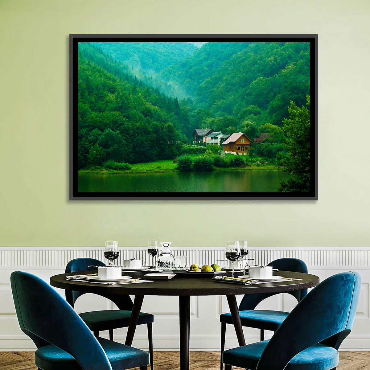 Mist Over Lake Tarnita Wall Art in a room, landscape