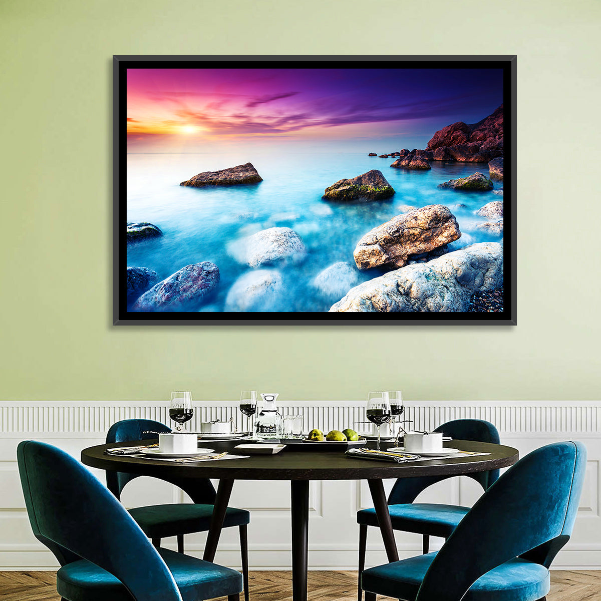 Rocky Beach Sunset Wall Art in a room, landscape