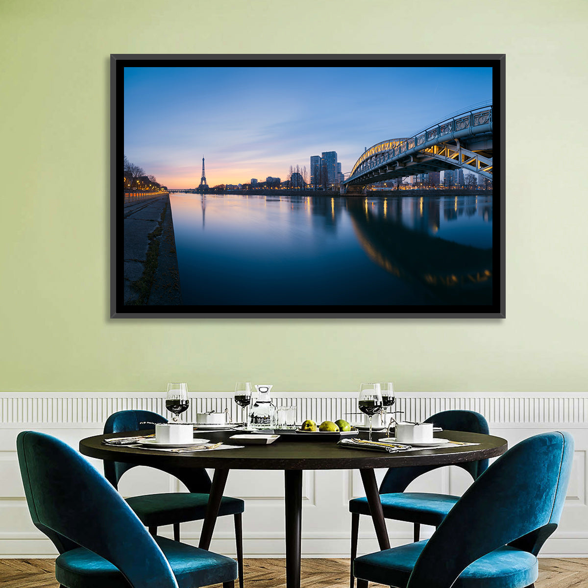 Eiffel Tower Golden Hour Reflection Wall Art in a room, landscape