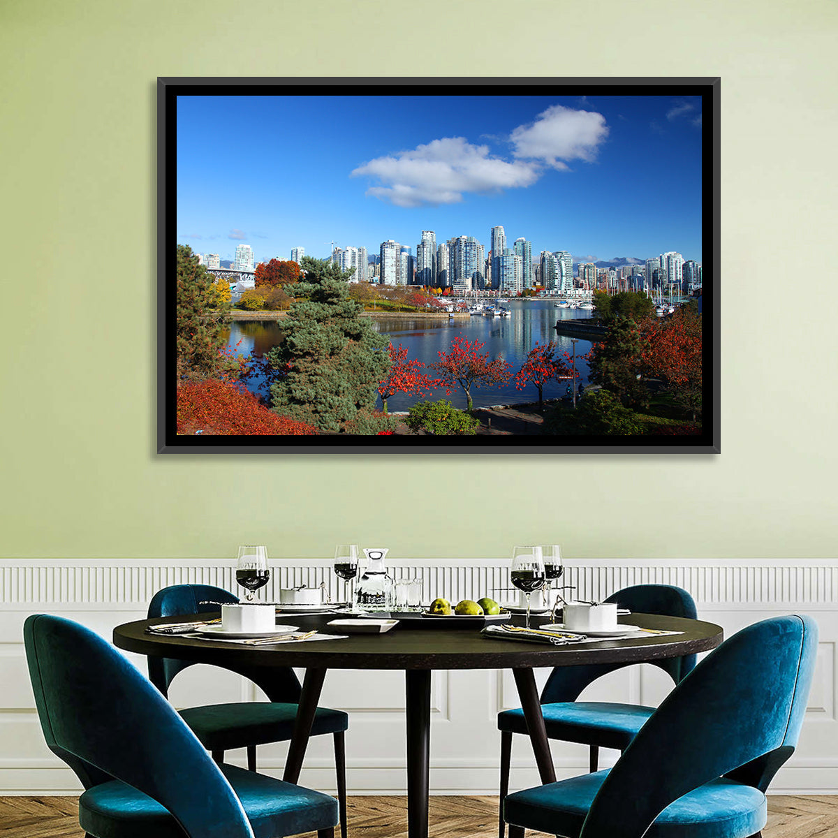 Vancouver Autumn Skyline Wall Art in a room, landscape
