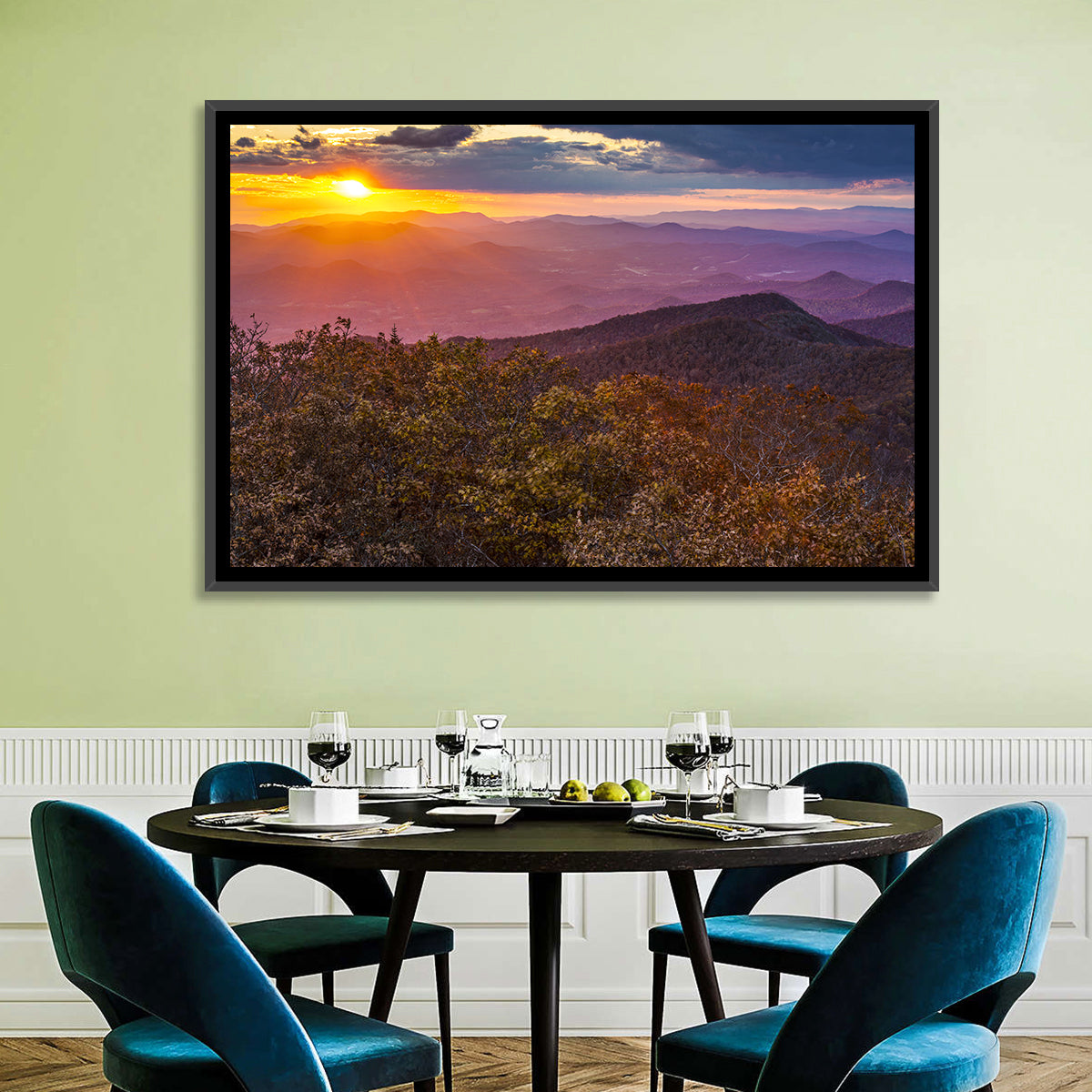 Blue Ridge Sunset Over Autumn Ridges Wall Art in a room, landscape
