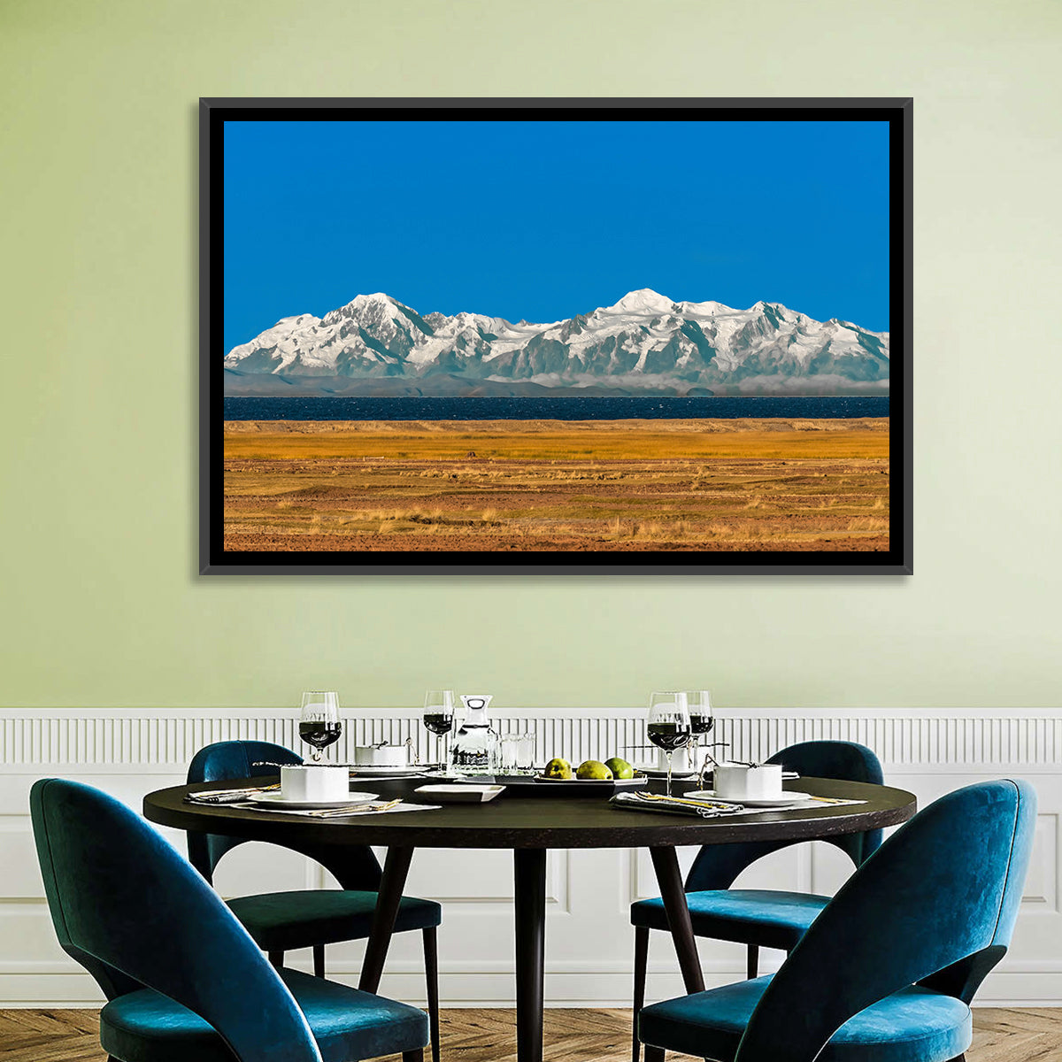 Snow-capped Peaks Over Lake Titicaca Wall Art in a room, landscape