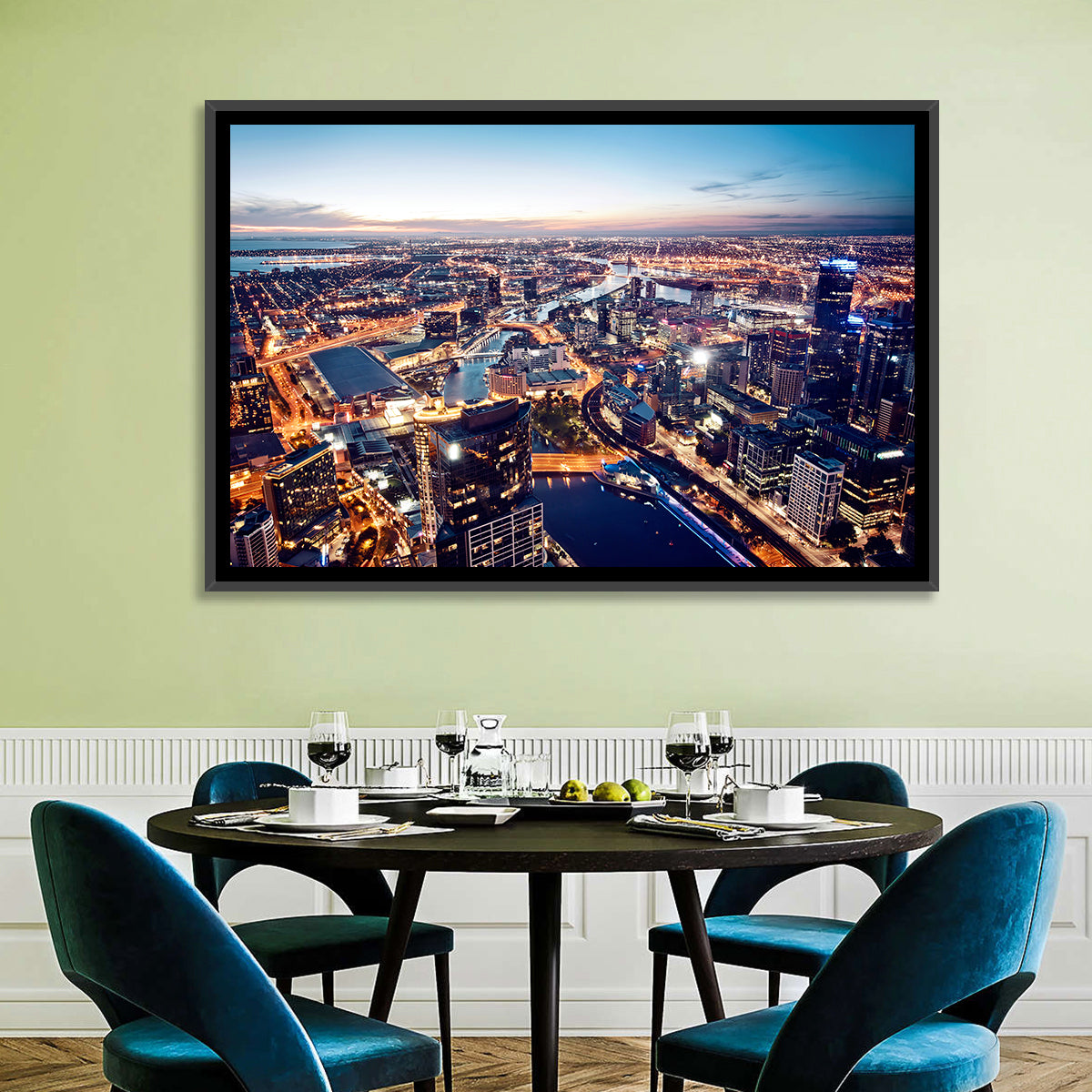 Melbourne Twilight Skyline Wall Art in a room, landscape