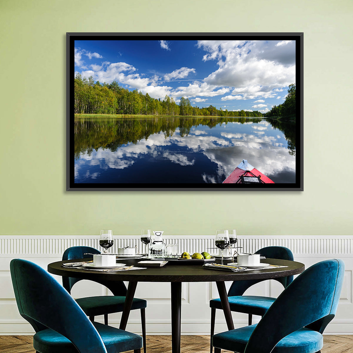 Karelia Kayak Reflection Wall Art in a room, landscape