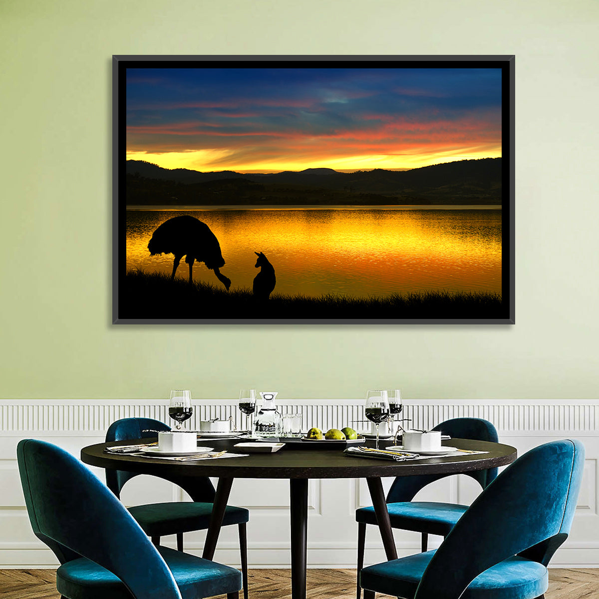 Kangaroo and Emu at Lake Sunset Wall Art