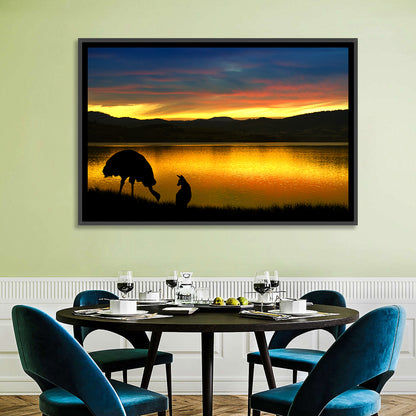 Kangaroo and Emu at Lake Sunset Wall Art