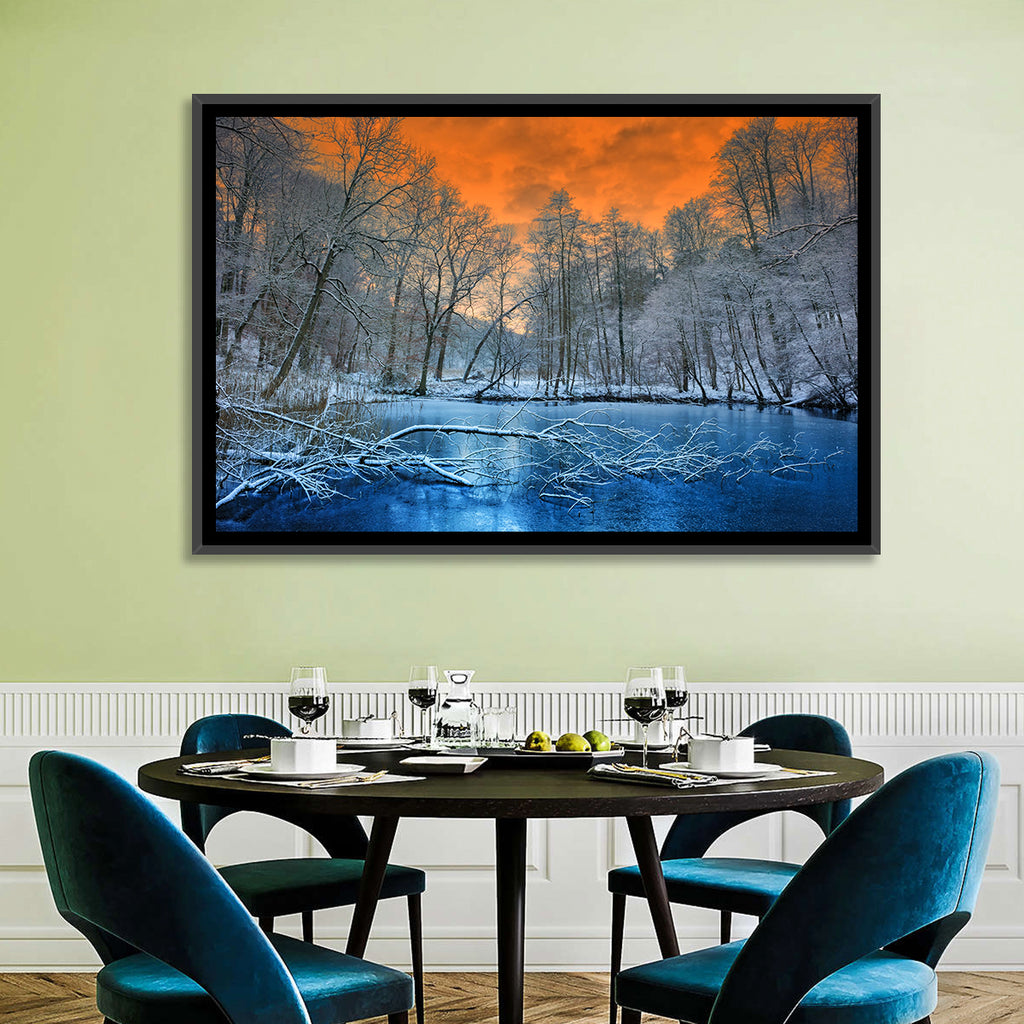 Sunset Over Winter Forest Lake Wall Art