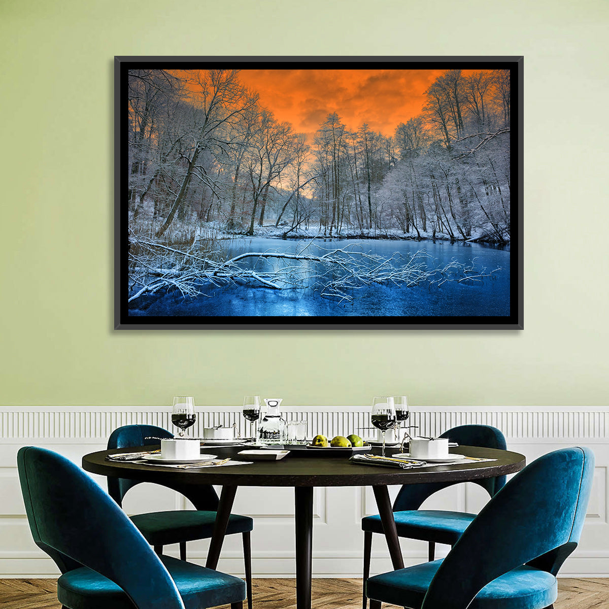 Sunset Over Winter Forest Lake Wall Art in a room, landscape