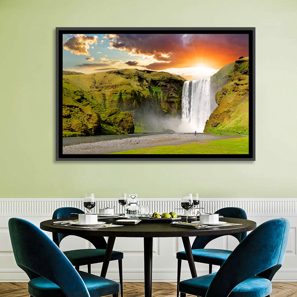 Skógafoss at Sunset Wall Art in a room, landscape