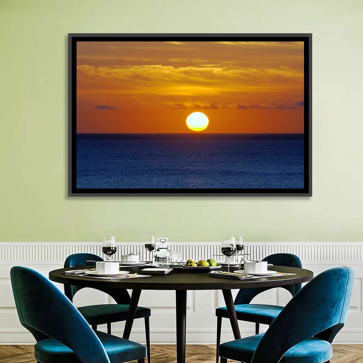 Golden Pacific Sunrise Wall Art in a room, landscape