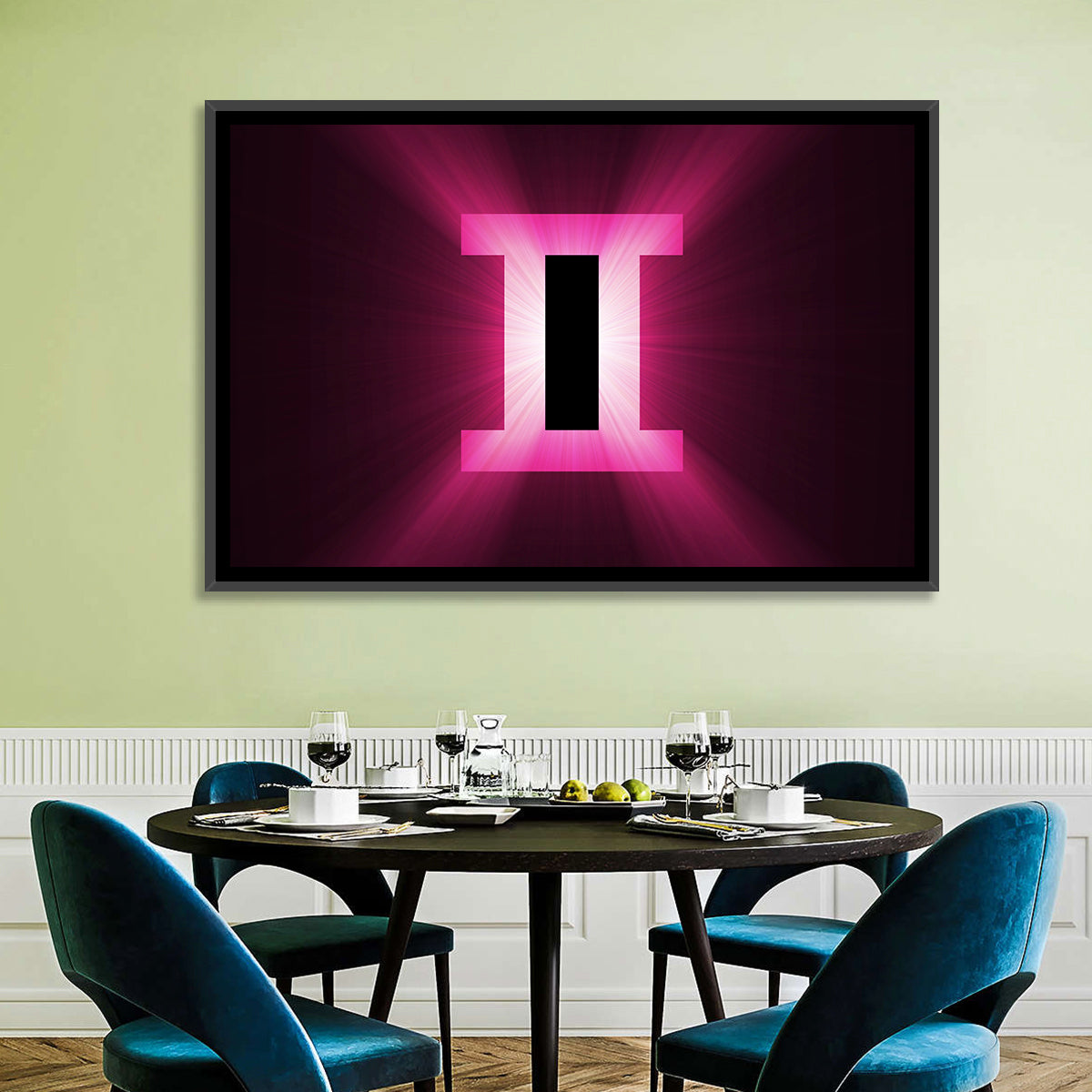 Radiant Gemini Symbol Wall Art in a room, landscape