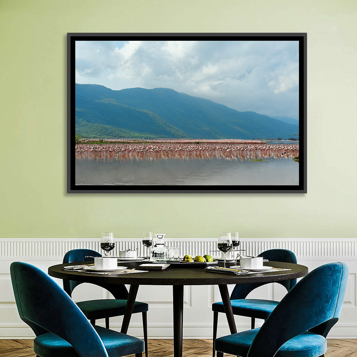 Flock of Flamingos at Lake Bogoria Wall Art in a room, landscape