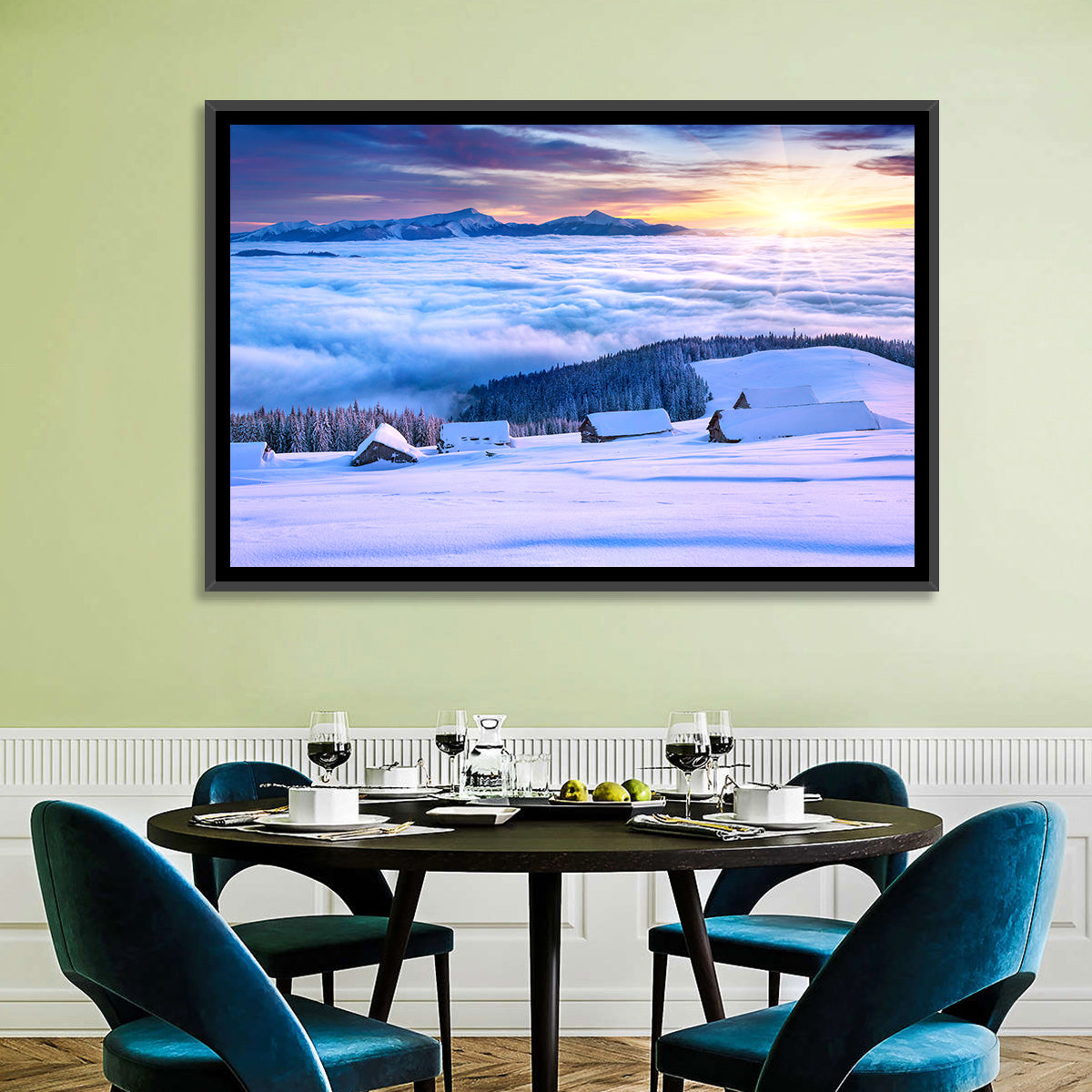 Snowy Cabins Above Clouds Wall Art in a room, landscape