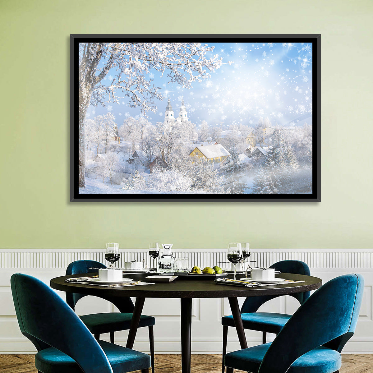 Frosted Village Wall Art in a room, landscape