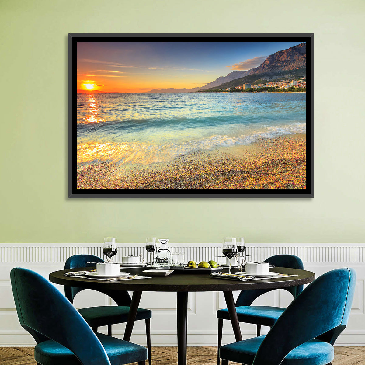 Makarska Pebble Beach Sunset Wall Art in a room, landscape