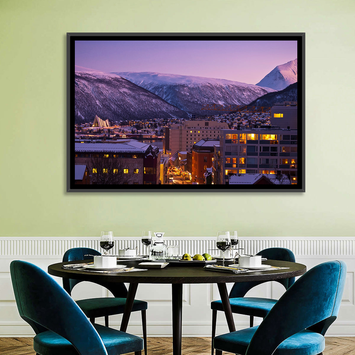 Tromsø Twilight Cityscape Wall Art in a room, landscape